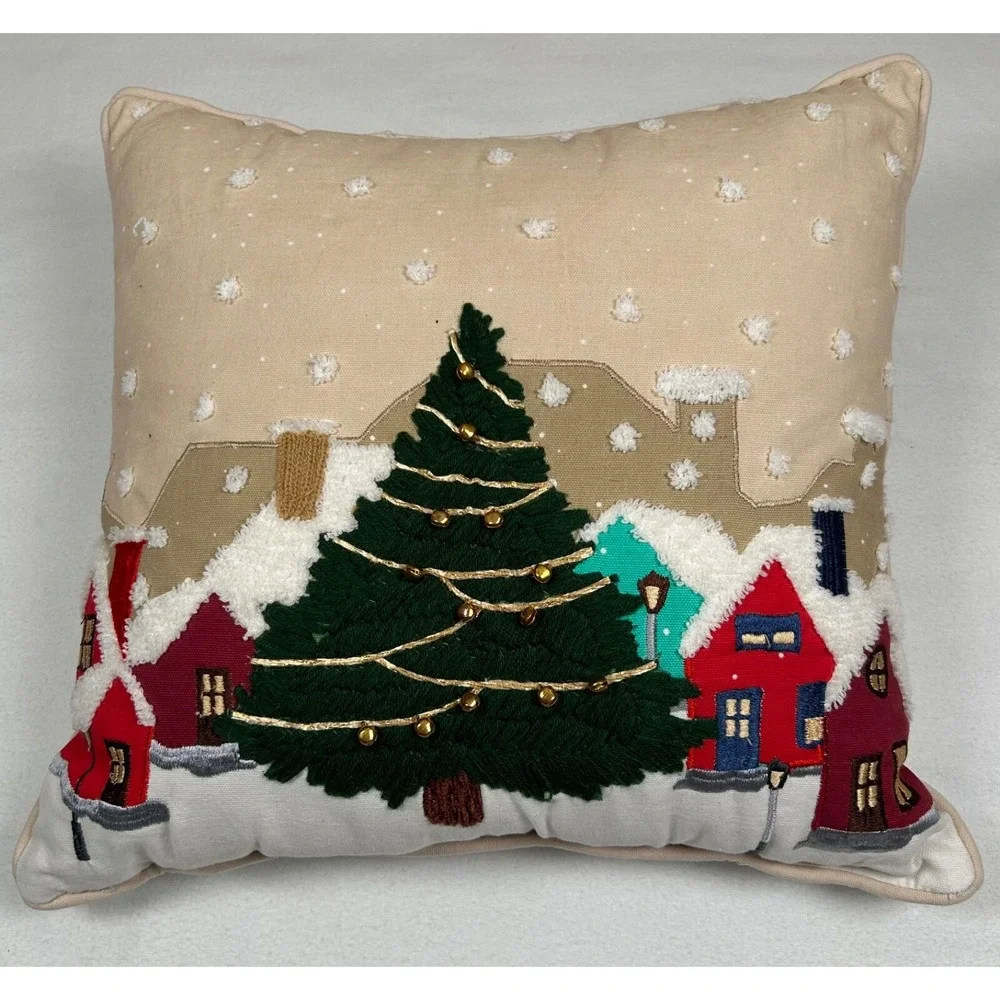 Christmas Decorative Pillow Holiday House Tree Embellished 3D Texture